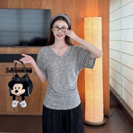 BY25341# 新款夏季女印花氧感T恤休闲风V领修身收腰短袖上衣  服裝批發女裝批發服飾貨源
