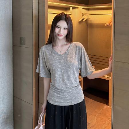 BY25341# 新款夏季女印花氧感T恤休闲风V领修身收腰短袖上衣  服裝批發女裝批發服飾貨源