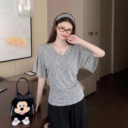 BY25341# 新款夏季女印花氧感T恤休闲风V领修身收腰短袖上衣  服裝批發女裝批發服飾貨源