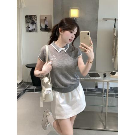 BY25342# 夏季撞色蝴蝶结POLO领学院风减龄针织衫上衣女  服裝批發女裝批發服飾貨源