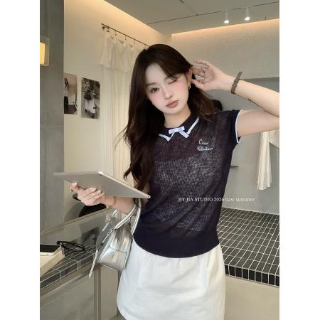 BY25342# 夏季撞色蝴蝶结POLO领学院风减龄针织衫上衣女  服裝批發女裝批發服飾貨源