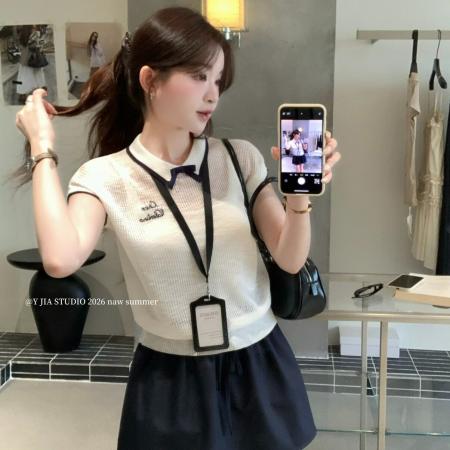 BY25342# 夏季撞色蝴蝶结POLO领学院风减龄针织衫上衣女  服裝批發女裝批發服飾貨源