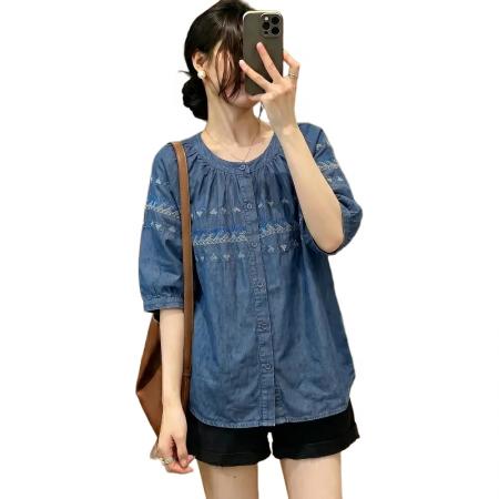 BY25344# 大码刺绣牛仔衬衫女夏季新款时尚宽松减龄百搭短袖遮肉衬衣女  服裝批發女裝批發服飾貨源