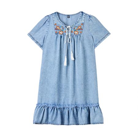 BY25351# 牛仔连衣裙女夏季短袖宽松显瘦高级感刺绣短款小个子裙子  服裝批發女裝批發服飾貨源
