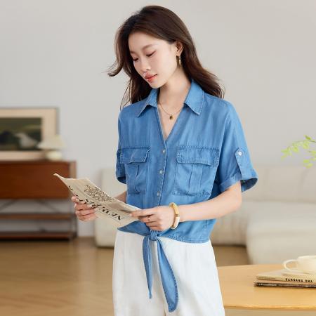 BY25353# 天丝莱赛尔牛仔衬衫女夏季新款薄款气质短袖衬衣  服裝批發女裝批發服飾貨源