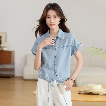 复古牛仔连肩抽绳短袖衬衫夏季女装翻领短款衬衣外套麻  服裝批發女裝批發服飾貨源