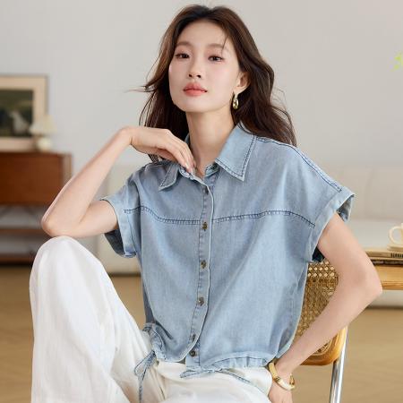 BY25354# 复古牛仔连肩抽绳短袖衬衫夏季女装翻领短款衬衣外套麻  服裝批發女裝批發服飾貨源