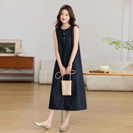BY25358# 木耳边宽松无袖牛仔连衣裙女新款背心裙秋夏季穿搭裙子  服裝批發女裝批發服飾貨源