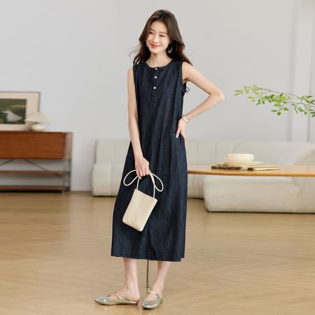 BY25358# 木耳边宽松无袖牛仔连衣裙女新款背心裙秋夏季穿搭裙子  服裝批發女裝批發服飾貨源