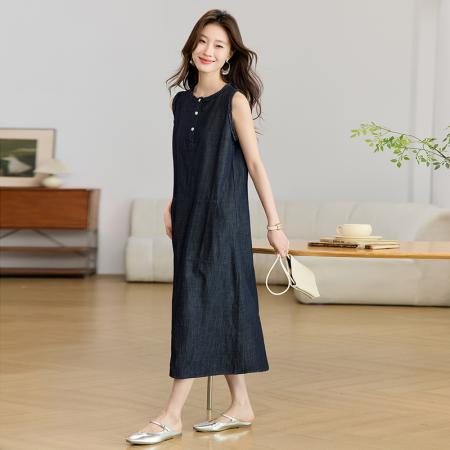 BY25358# 木耳边宽松无袖牛仔连衣裙女新款背心裙秋夏季穿搭裙子  服裝批發女裝批發服飾貨源