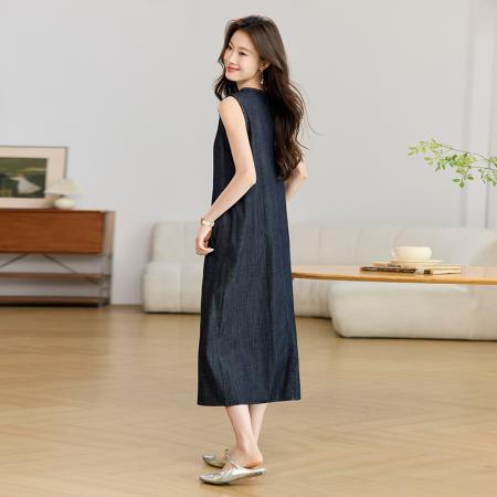 BY25358# 木耳边宽松无袖牛仔连衣裙女新款背心裙秋夏季穿搭裙子  服裝批發女裝批發服飾貨源