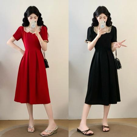 BY25362# 胖mm蕾丝拼接气质优雅连衣裙女夏装新款超仙遮肚子显瘦中长裙  服裝批發女裝批發服飾貨源