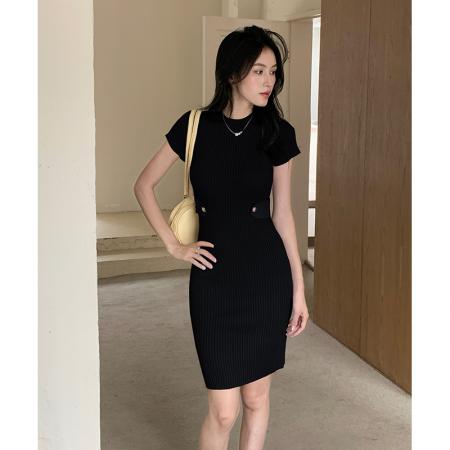 BY25364# 法式针织短袖连衣裙女夏季新性感纯欲风气质收腰设计感包臀裙  服裝批發女裝批發服飾貨源