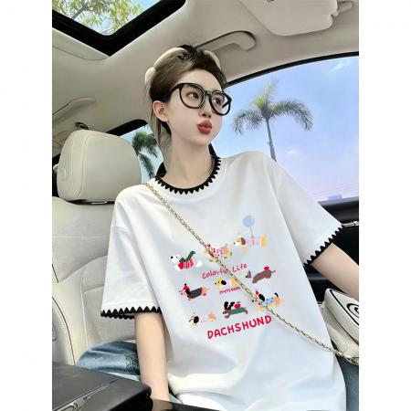 BY25369# 纯棉特大码300斤独特别致超好看漂亮刺绣短袖t恤女  服裝批發女裝批發服飾貨源