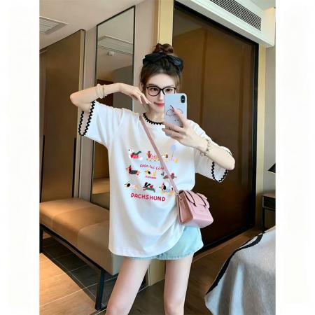 BY25369# 纯棉特大码300斤独特别致超好看漂亮刺绣短袖t恤女  服裝批發女裝批發服飾貨源