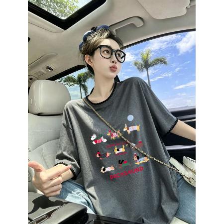 BY25369# 纯棉特大码300斤独特别致超好看漂亮刺绣短袖t恤女  服裝批發女裝批發服飾貨源