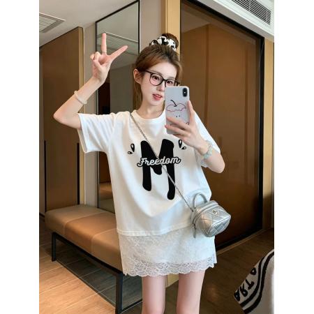 BY25372# 双纱纯棉特大码300斤小众蕾丝拼接印花短袖t恤女  服裝批發女裝批發服飾貨源