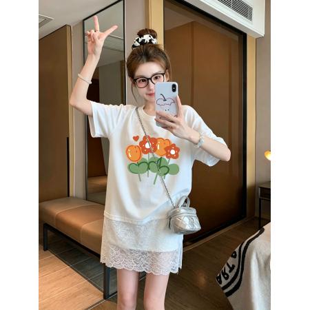 支双纱纯棉特大码300斤小众蕾丝拼接印花短袖t恤女  服裝批發女裝批發服飾貨源