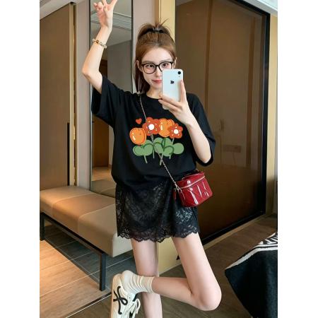 BY25373# 支双纱纯棉特大码300斤小众蕾丝拼接印花短袖t恤女  服裝批發女裝批發服飾貨源