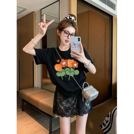 BY25373# 支双纱纯棉特大码300斤小众蕾丝拼接印花短袖t恤女  服裝批發女裝批發服飾貨源