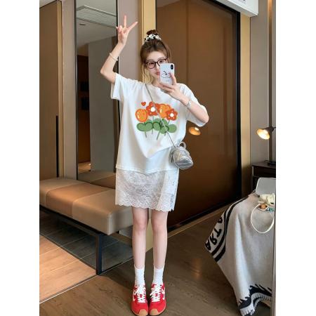 BY25373# 支双纱纯棉特大码300斤小众蕾丝拼接印花短袖t恤女  服裝批發女裝批發服飾貨源