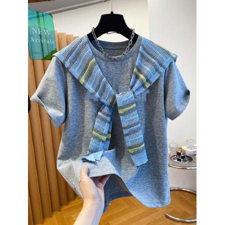 BY25374# 纯棉+披肩8个码数特大码女装足300斤披肩印花短袖T恤两件套  服裝批發女裝批發服飾貨源