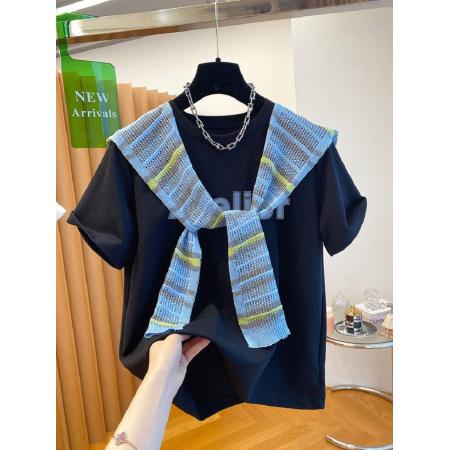 BY25374# 纯棉+披肩8个码数特大码女装足300斤披肩印花短袖T恤两件套  服裝批發女裝批發服飾貨源