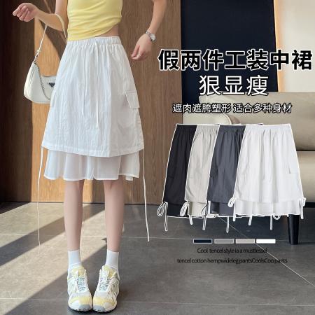 BY25380# 假两件抽绳工装半身裙女夏季新款薄款女装时尚A字裙潮  服裝批發女裝批發服飾貨源