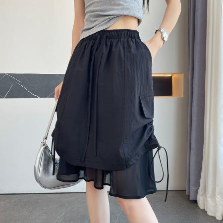 BY25380# 假两件抽绳工装半身裙女夏季新款薄款女装时尚A字裙潮  服裝批發女裝批發服飾貨源