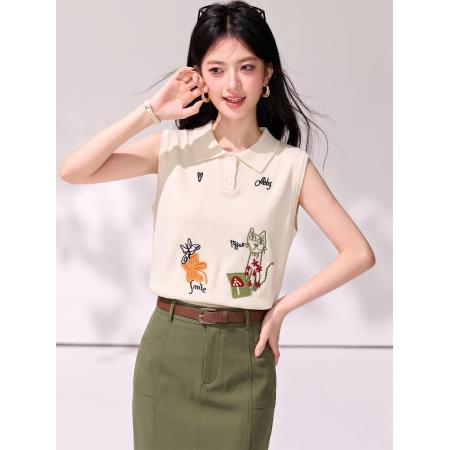 BY25395# 韩版猫咪花朵刺绣翻领无袖针织背心女夏季宽松百搭上衣  服裝批發女裝批發服飾貨源