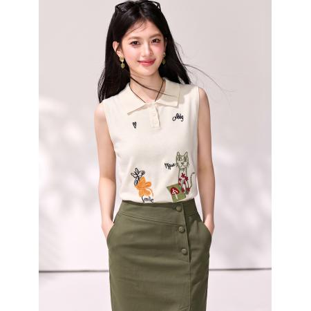 BY25395# 韩版猫咪花朵刺绣翻领无袖针织背心女夏季宽松百搭上衣  服裝批發女裝批發服飾貨源