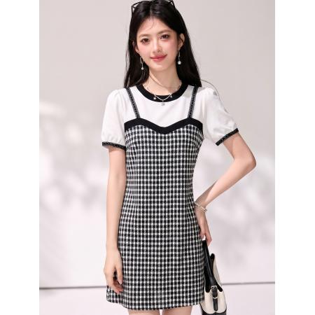 BY25396# 法式假两件吊带连衣裙女夏季新款圆领气质中长裙子  服裝批發女裝批發服飾貨源