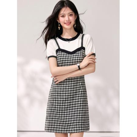 BY25396# 法式假两件吊带连衣裙女夏季新款圆领气质中长裙子  服裝批發女裝批發服飾貨源