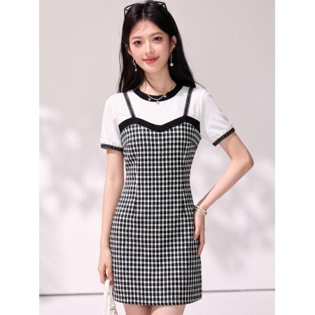 BY25396# 法式假两件吊带连衣裙女夏季新款圆领气质中长裙子  服裝批發女裝批發服飾貨源