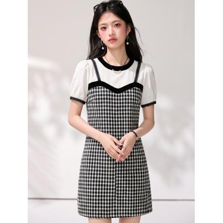 BY25396# 法式假两件吊带连衣裙女夏季新款圆领气质中长裙子  服裝批發女裝批發服飾貨源