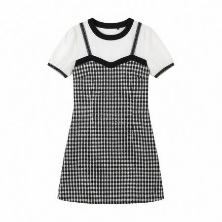 BY25396# 法式假两件吊带连衣裙女夏季新款圆领气质中长裙子  服裝批發女裝批發服飾貨源