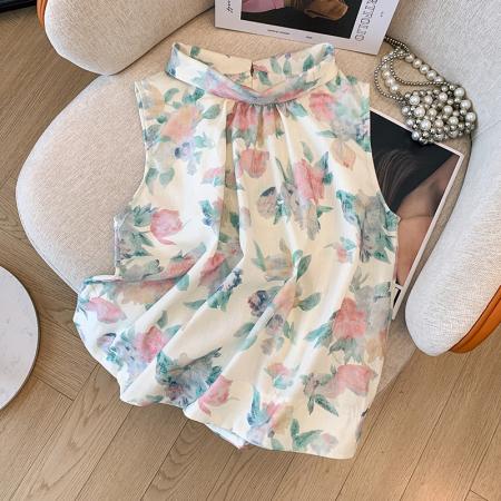BY25401# 法式碎花两面穿无袖衬衫女夏季新款设计感小众百搭洋气小衫  服裝批發女裝批發服飾貨源
