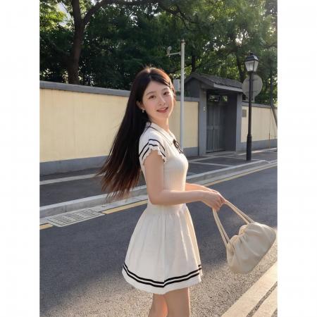BY25414# 纯欲风恋夏告白学院海军风小飞袖软糯针织系带连衣裙女i  服裝批發女裝批發服飾貨源