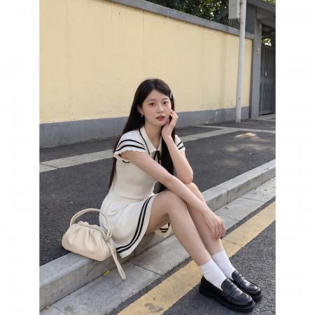 BY25414# 纯欲风恋夏告白学院海军风小飞袖软糯针织系带连衣裙女i  服裝批發女裝批發服飾貨源
