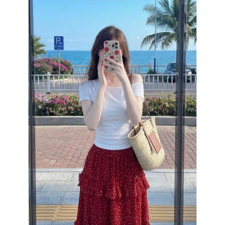 BY25416# 法式复古红色波点开叉半身裙女高腰花边甜美长裙T恤上衣夏季套装  服裝批發女裝批發服飾貨源