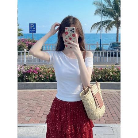 BY25416# 法式复古红色波点开叉半身裙女高腰花边甜美长裙T恤上衣夏季套装  服裝批發女裝批發服飾貨源