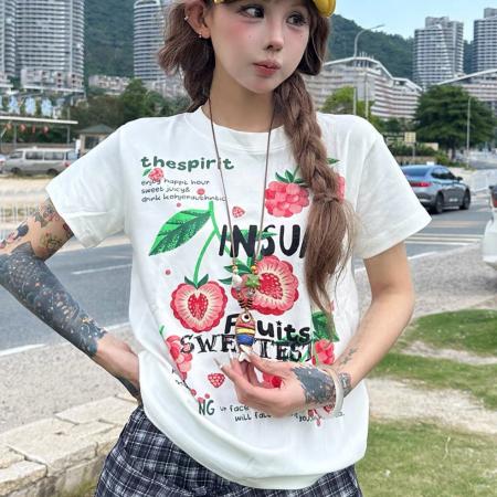 BY25431# 复古花卉印花短袖T恤女夏季宽松休闲正肩t恤女上衣显白t  服裝批發女裝批發服飾貨源