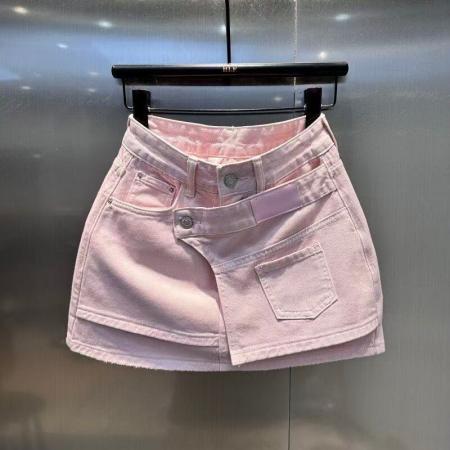 粉色假两件高腰牛仔短裙女夏季显...