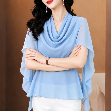 BY25440# 浅蓝色荡领短袖雪纺衫上衣女夏季新款衬衫修身显瘦荷叶边飘逸  服裝批發女裝批發服飾貨源