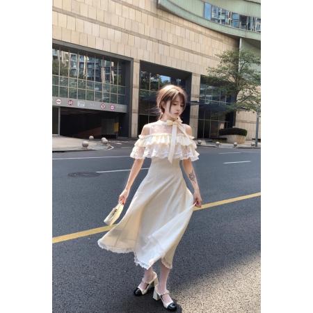 BY25451# 气质蓝色不规则斜裁拼接绑带收腰背带连衣裙时尚百搭求职季小众款  服裝批發女裝批發服飾貨源