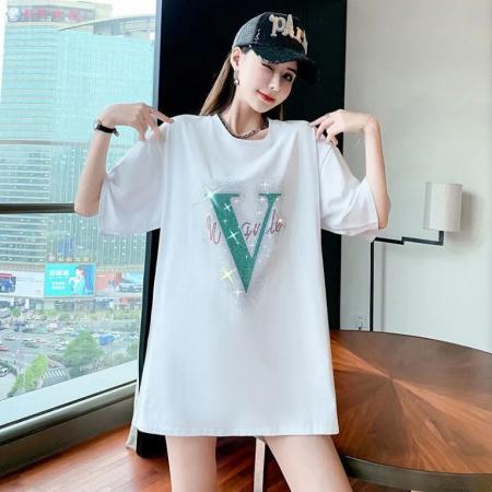 BY25454# 网红重工烫钻纯棉短袖t恤女韩版大码中长款宽松港味上衣ins潮  服裝批發女裝批發服飾貨源