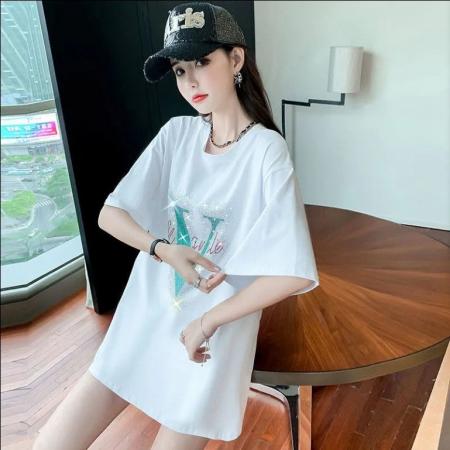 BY25454# 网红重工烫钻纯棉短袖t恤女韩版大码中长款宽松港味上衣ins潮  服裝批發女裝批發服飾貨源