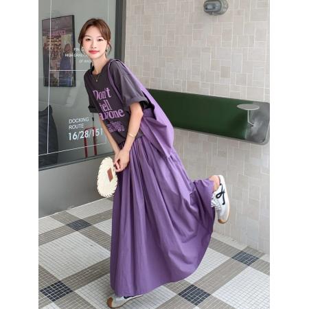 BY25455# 宽松休闲紫色套装半身裙印花短袖T恤两件套  服裝批發女裝批發服飾貨源