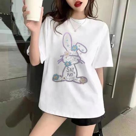 BY25457# 纯棉短袖潮牌夏季时尚新款宽松中长款T恤重工烫钻兔子上衣ins  服裝批發女裝批發服飾貨源