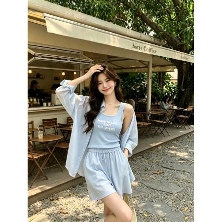 BY25458# 天丝凉感长袖防晒三件套装女26夏季开衫衬衫短裤针织字母背心时尚  服裝批發女裝批發服飾貨源